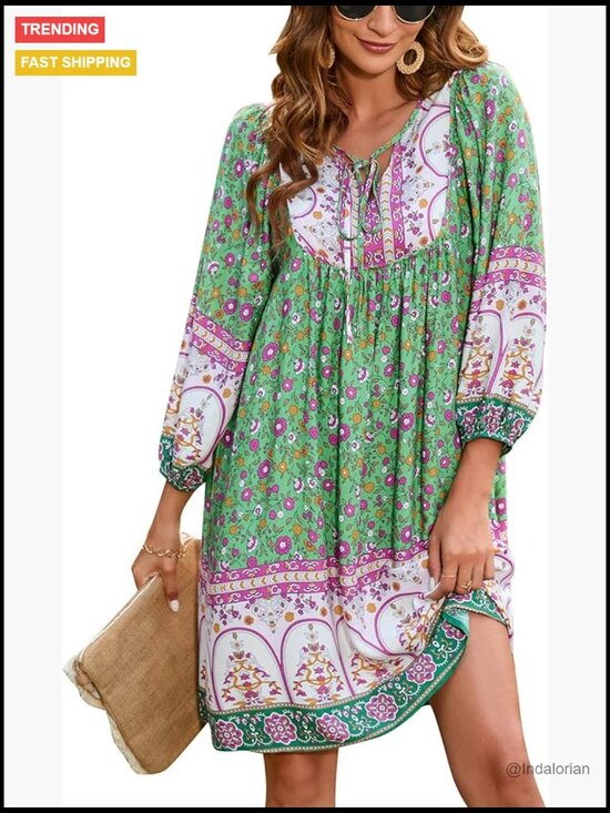 Dresses & Skirts - V Neck 3/4 Sleeve Floral Print Babydoll Dress with Pockets